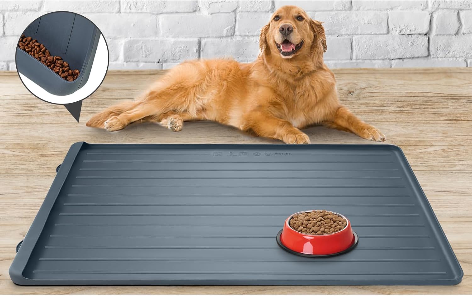 Dog Mat for Food and Water - 39.4" x 27" Large Pet Feeding Mats with Residue Collection Pocket - Waterproof Dog Cat Bowl Mat with High Edges to Prevent Water and Food Spills (Dark Grey) - Pet Explorer
