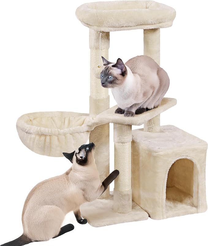 Yaheetech Cat Tree, Multi Level Climbing Tower for Indoor Cats, Pet Activity Center Scratching Post Indoor Furniture Bed with Basket for Kittens, Beige
