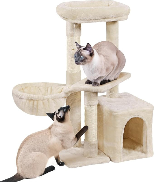 Yaheetech Cat Tree, Multi Level Climbing Tower for Indoor Cats, Pet Activity Center Scratching Post Indoor Furniture Bed with Basket for Kittens, Beige