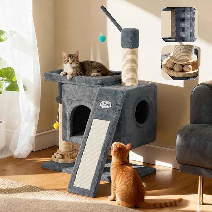 PetDance 37in All-in-1 Small Cat Tree for Indoor Cats | Space-Saving Cat Tower with Cozy Condo, Cat Window Perch, Sisal Scratching Posts, Interactive Ball Track Toy & Self-Grooming Brush,Light Gray