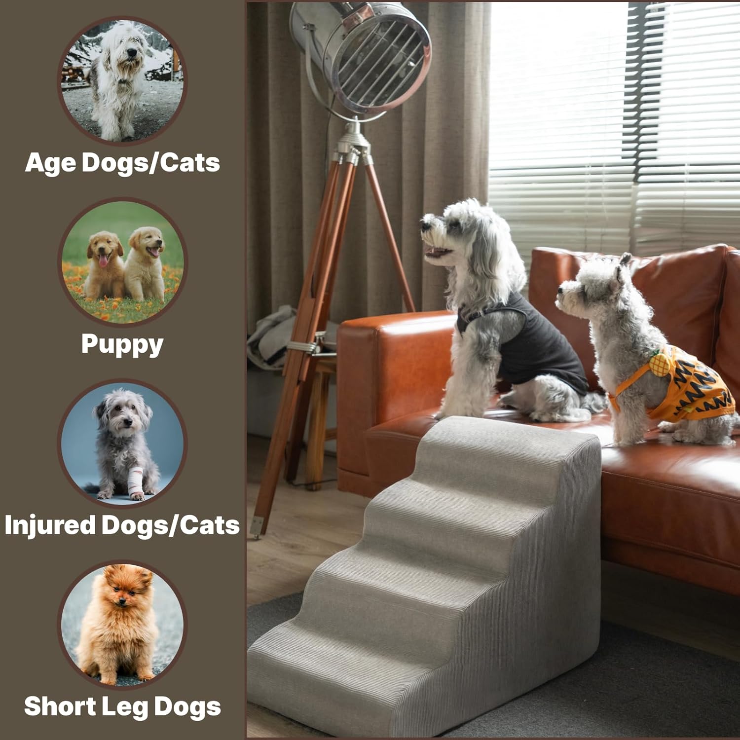MEWANG Dog Stairs for Small & Medium Dogs and Old Cats –3/4/ 5 Steps High-Density Foam Pet Ramp for Bed & Couch, Non-Slip, Washable Cover, Grey (Round Corner, 4 Steps: 23.94''×18.27''×14.96'', 2) - Pet Explorer