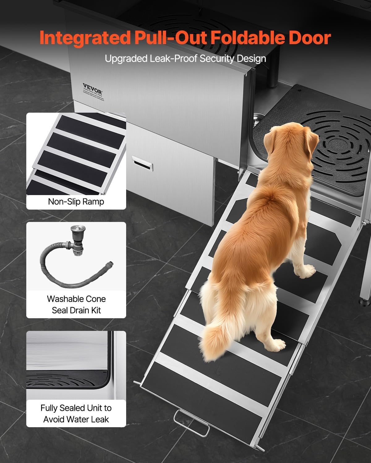 VEVOR Professional 304 Stainless Steel Dog Bathing Station, 61 inch Pet Grooming Tub w/Anti-Slip ramp, Storage Drawer, Cold Hot Faucet Showerhead for Large & Medium & Small (Right Door, with Drawer) - Pet Explorer
