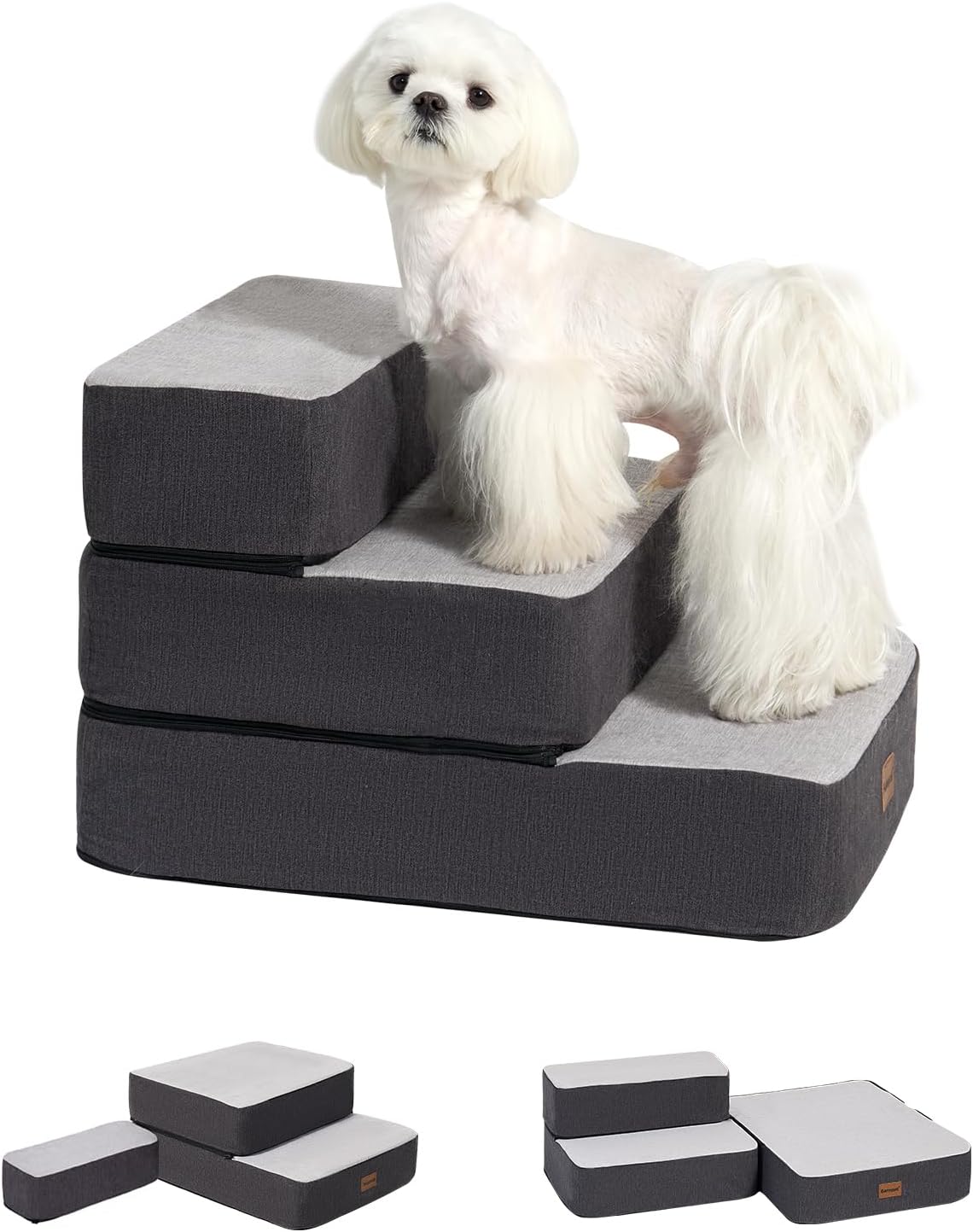3-Step Adjustable Dog Stairs for Sofa and Couch, Dog Steps for Small Dogs and Cats, Foldable Pet Stairs for Low Bed Climbing, Non-Slip Pet Step Indoor, Grey - Pet Explorer