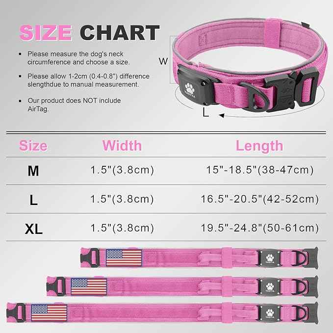 2026 Upgrade Dog Collar with IPX8 Waterproof AirTag Holder,Military Tactical Comfortable Control Handle and Ultra-Durable Metal Buckle/Night Reflective,GPS Collar for Medium to Large Dogs（Pink/XL）