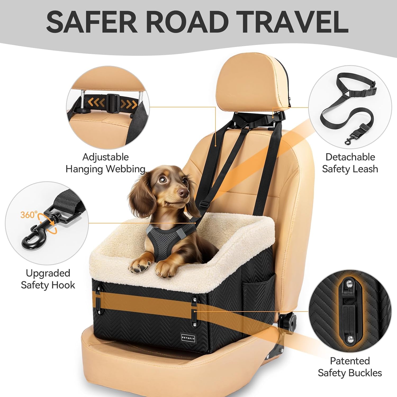 PETSFIT Small Dog Car Seat, Waterproof PU Leather Dog Booster Car Seat with Patented Safe Buckles, Detachable Dogs Seat Belt for Car, Dog Car Seat Medium Sized Dog up to 30 lbs (Black) - Pet Explorer