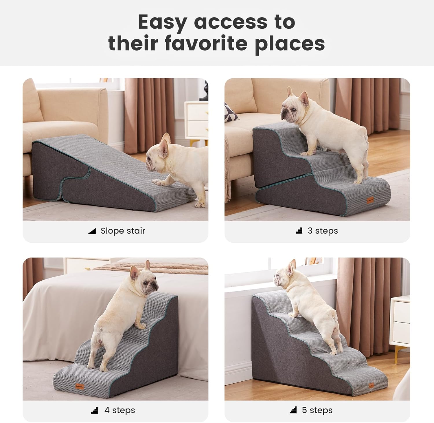 Gardner Pet Dog Stairs for Small Dogs 19.7" H, Curved 4-Step Pet Stairs, Dog Steps for High Bed (18-24 in), Couch with Durable Non-Slip Waterproof Fabric Cover and CertiPUR-US Certified Foam - Pet Explorer
