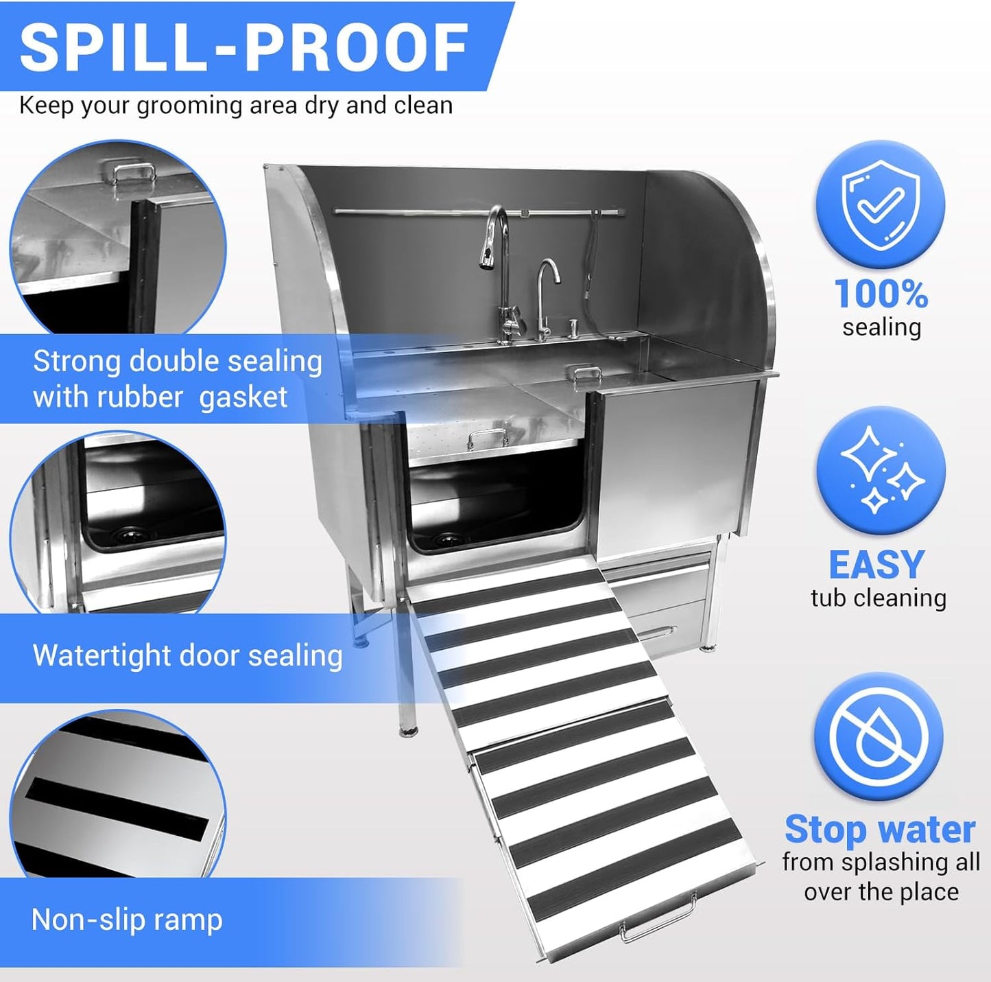 Professional Dog Grooming Tub, 62" Stainless Steel Dog Wash Station with Foldable Ramp, Storage Drawer, Floor Grate & Faucet/Dog Bathtub for Large, Medium & Small Pets - Left Door (62") - Pet Explorer
