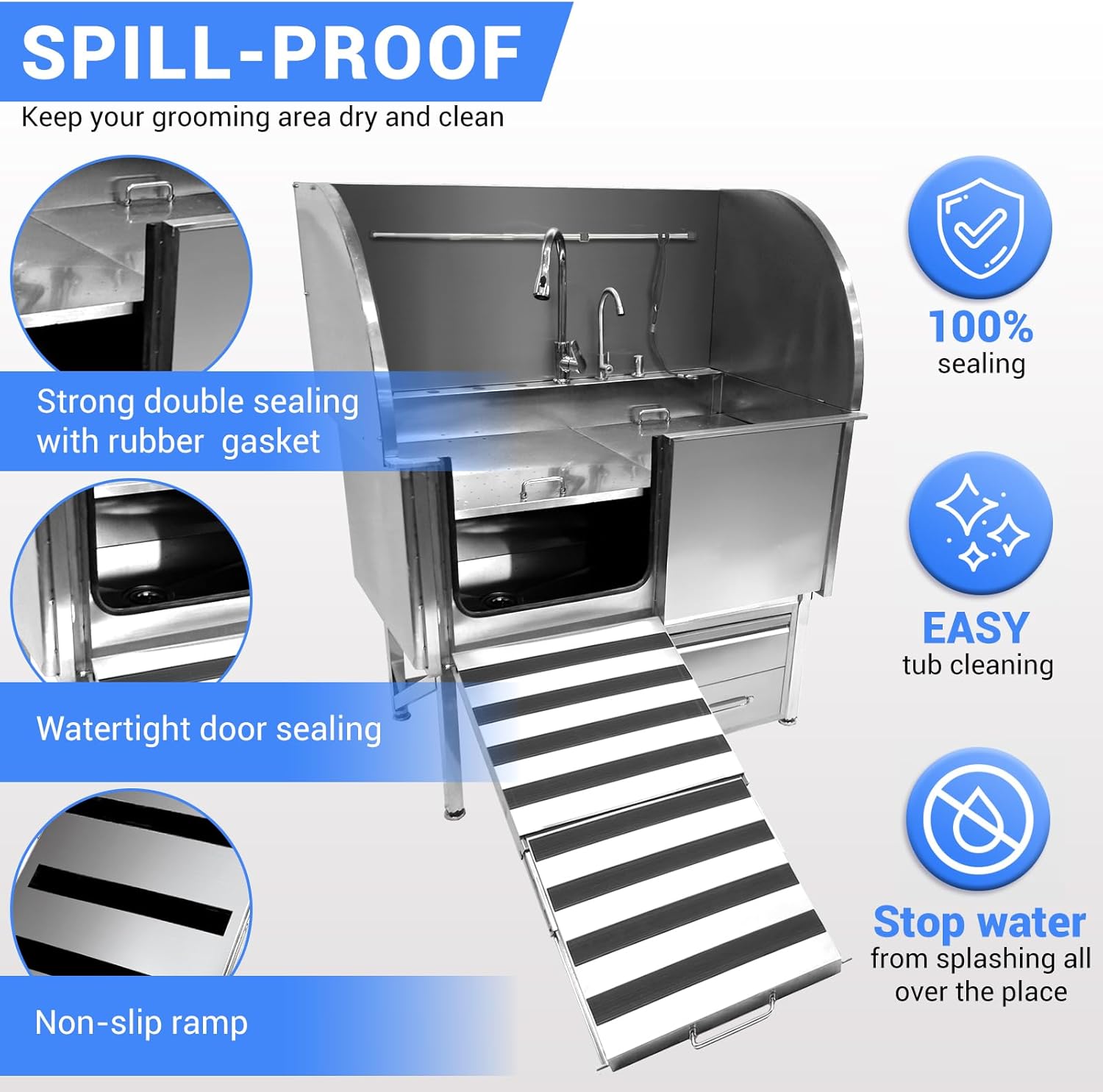 Professional Dog Grooming Tub, 62" Stainless Steel Dog Wash Station with Foldable Ramp, Storage Drawer, Floor Grate & Faucet/Dog Bathtub for Large, Medium & Small Pets - Left Door (62") - Pet Explorer