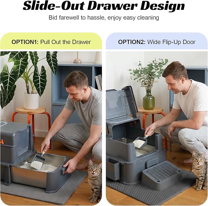 Stainless Steel Enclosed Cat Litter Box with Lid, Extra Large Kitty Litter Box with Drawer, Front & Top Entry Metal Cat Box for Big Cats, Odor Control, Easy to Clean, Grey
