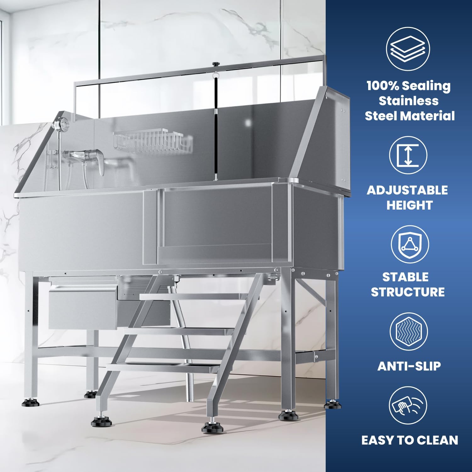 Professional 46" Dog Washing Station, Stainless Steel Dog Bathing Station, Height Adjustable Dog Wash Station, Storage Drawer, Upgrade Parts, Home, Commercial (Right Step) - Pet Explorer