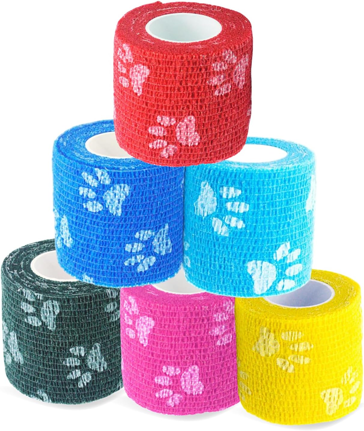 Pet Bandage 6 Rolls, Adhesive Bandage, Self Adhesive Bandage, First Aid Adhesive Gauze, for Horses, Dogs,Cats, Birds, Animals (Paw Prints, 2 Inch (Pack of 6)) - Pet Explorer