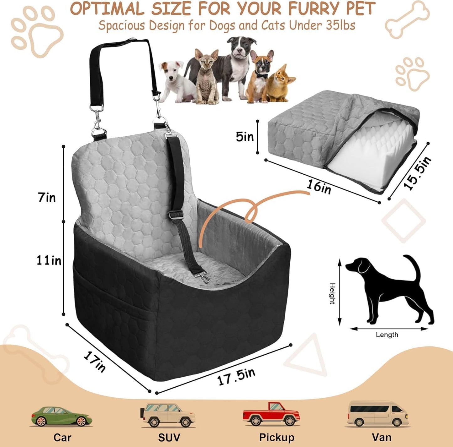 Dog Car Seat for Small/Medium Dogs - Dog Booster Seat with Safety Straps & Non-Slip Base, Travel Pet Car Seat with Storage Pockets, Washable & Removable, Suitable for Dogs Under 35 lbs (Black&Gray) - Pet Explorer