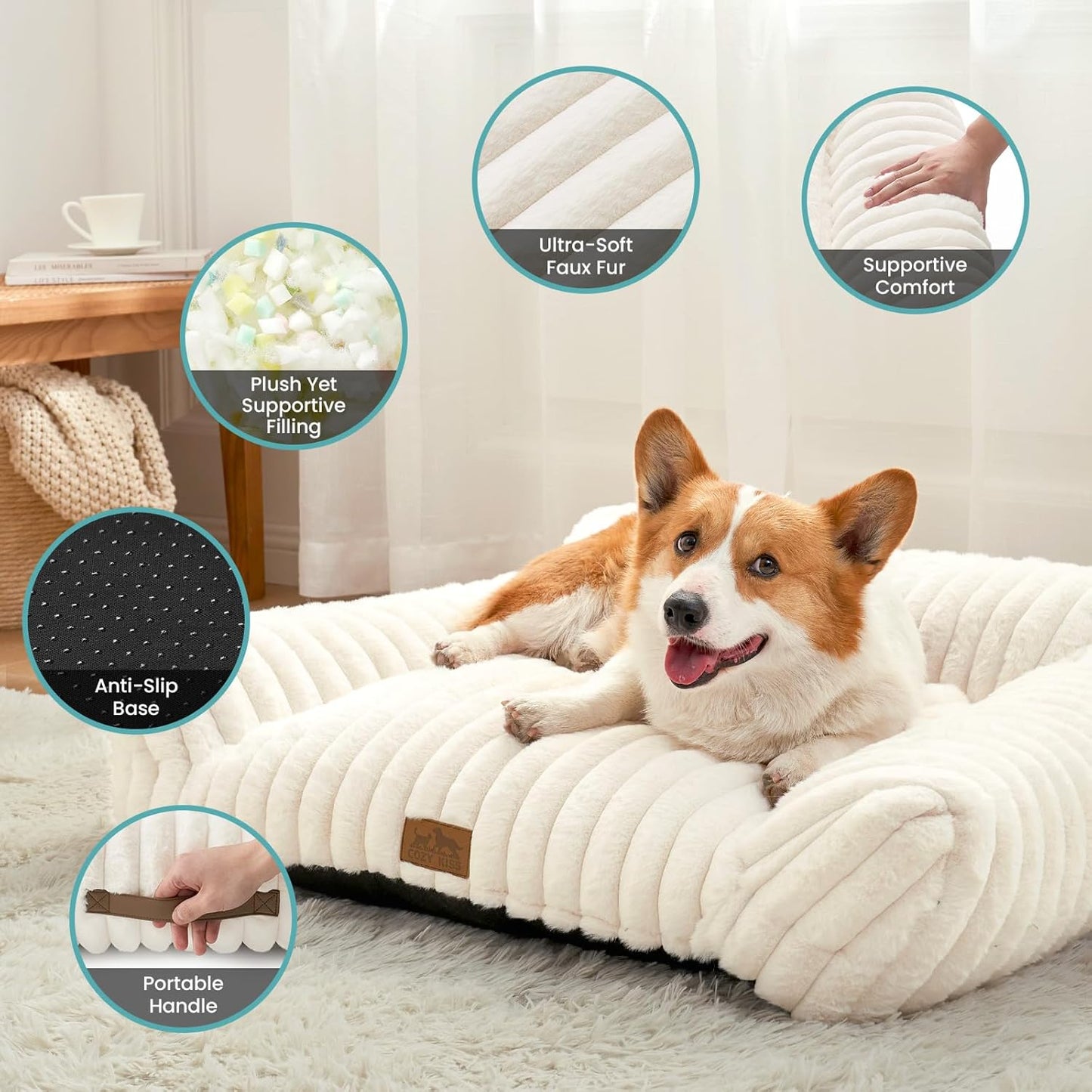 Cute Cat Couch, Premium Plush Faux Fur Pet Couch Bed, Ultra-Soft Pet Furniture for Cats & Small Dogs (Cream, M: 31.5''x23.5'') - Pet Explorer