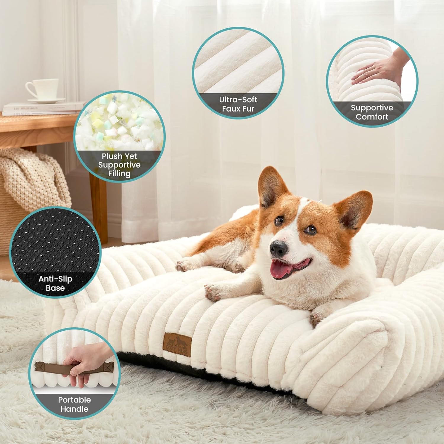 Cute Cat Couch, Premium Plush Faux Fur Pet Couch Bed, Ultra-Soft Pet Furniture for Cats & Small Dogs (Cream, M: 31.5''x23.5'') - Pet Explorer