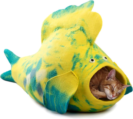 Luxurious Eco-Friendly Merino Wool Cat Cave Bed Fish Design - Foldable Hideaway Pod for Indoor Cats - Premium Felt Kitten Beds - Covered Cat House for Ultimate Cozy Comfort by Woolygon - Pet Explorer