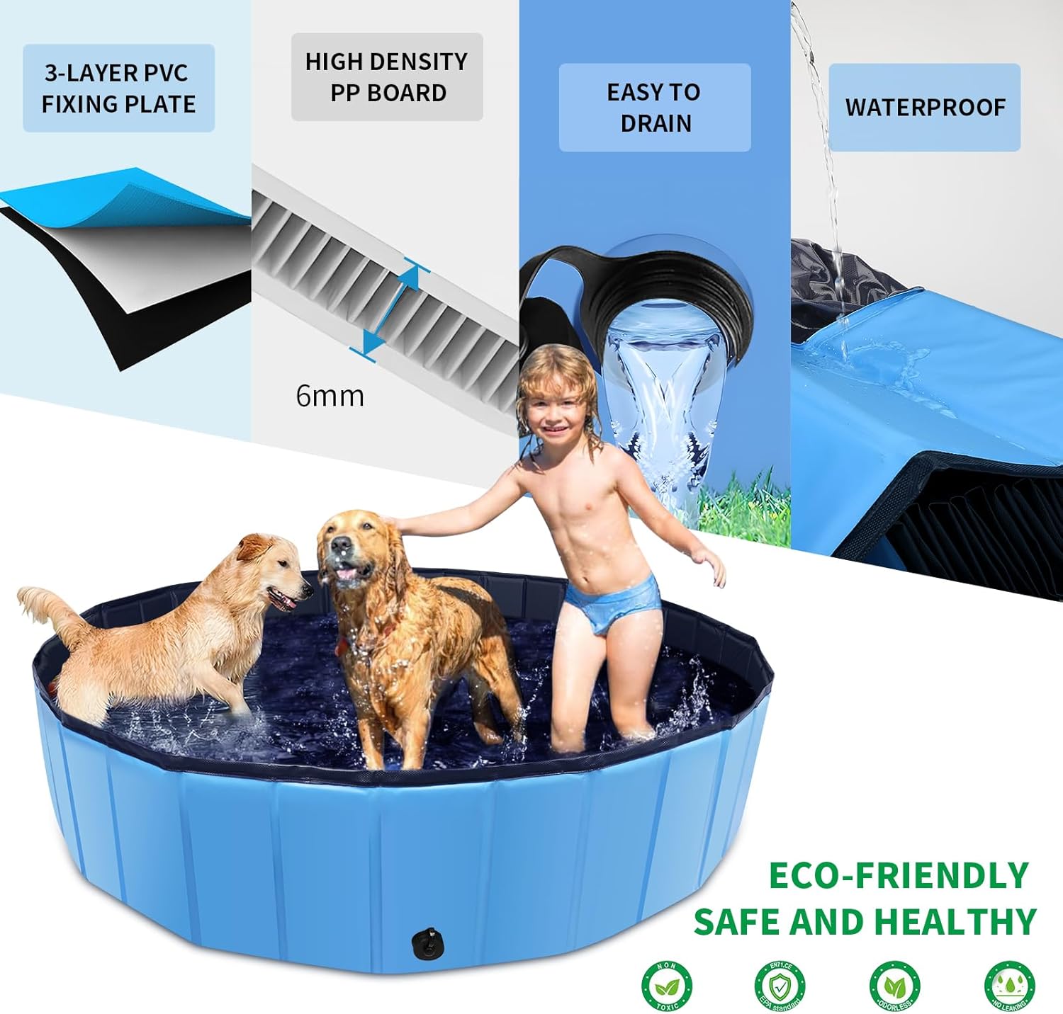 Foldable Dog Pool, 71" x 12" Large Kiddie Pool with Hard Plastic, Non-Slip Dog Bath Tub for Outdoor Backyard, Collapsible Dog Swimming Pool for Kids Dogs Pets (Blue) - Pet Explorer