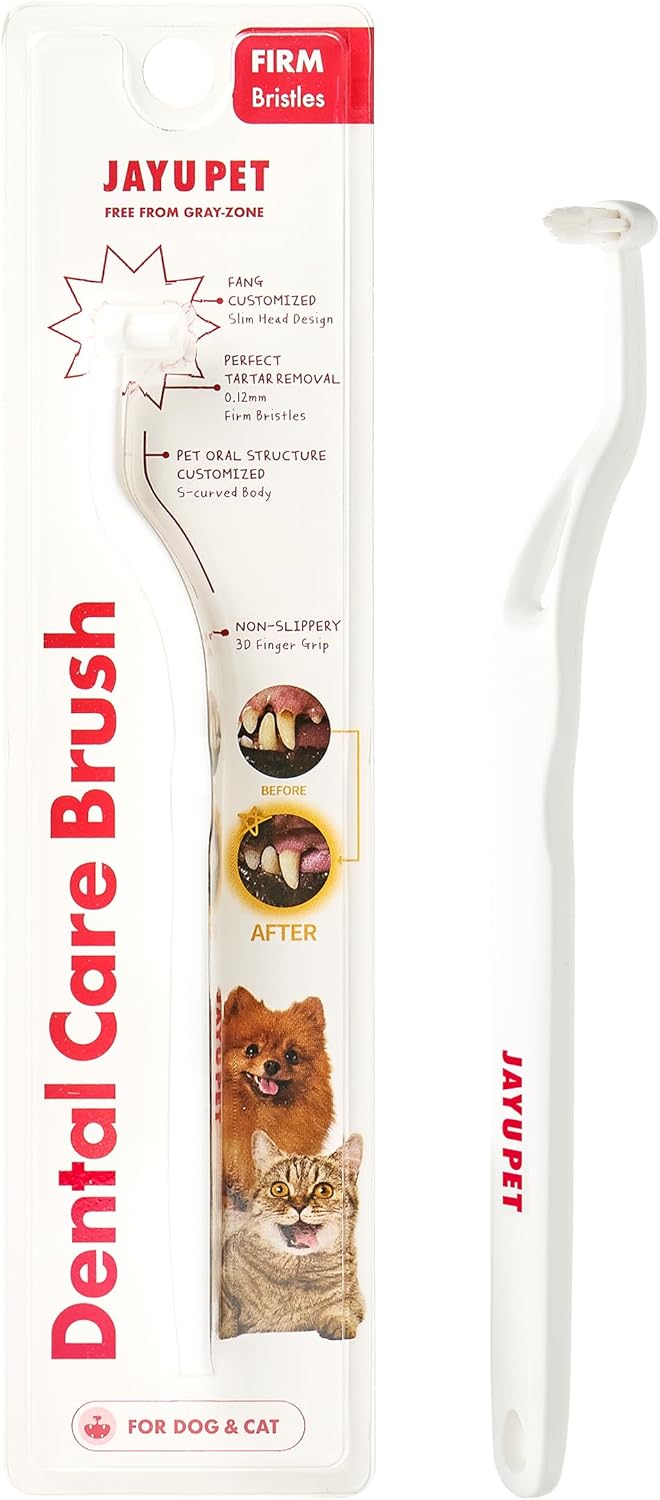 JAYU PET Dental Care Brush (Firm Bristles) 1ea - Resilient Dog Toothbrush, Cat Toothbrush for Tartar & Plaque Removal, Horizontal Head and S-Curved Body - Pet Explorer