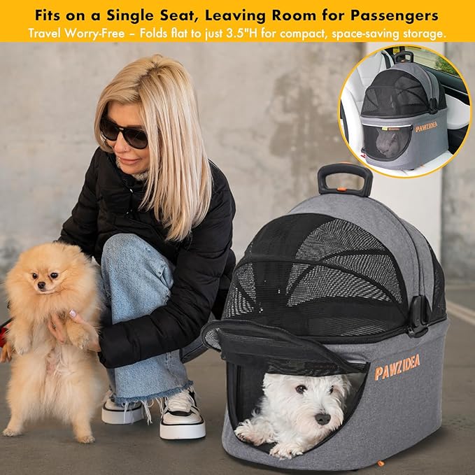 PAWZIDEA Portable Small Dog Crate for Car Travel, Enclosed Pet Car Seat for Small/Medium Dogs & Cats up 33 lb, Reversible No-Zip Canopy, Soft-Sided Pet Carrier Basket, Foldable Dog Kennel, Metal Frame