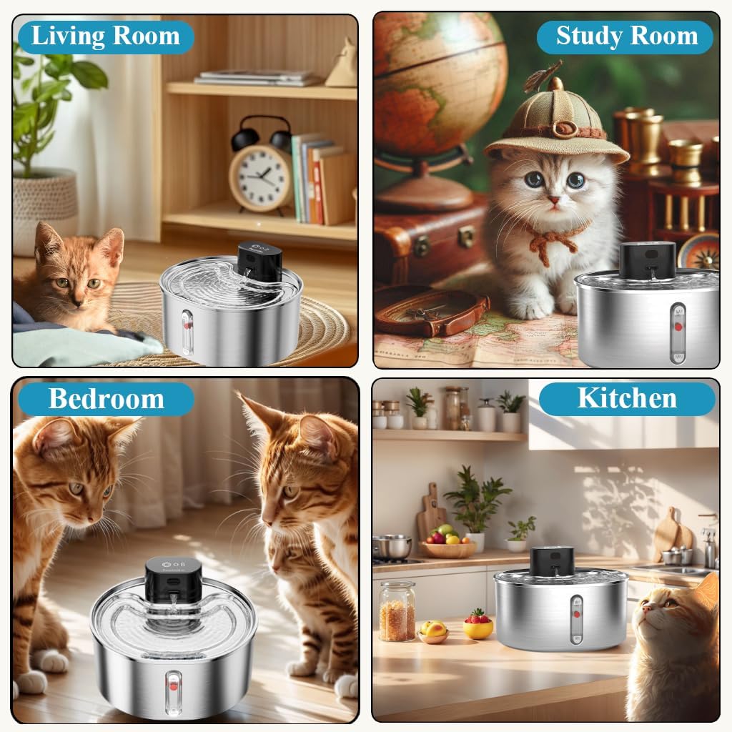 Pumpless Cat Water Fountain Stainless Steel Battery Operated, 108oz/3.2L Wireless Pet Water Fountain, Cordless Automatic Dispenser with 2 Replacement Filters for Cats, Dogs, Multiple Pets - Pet Explorer