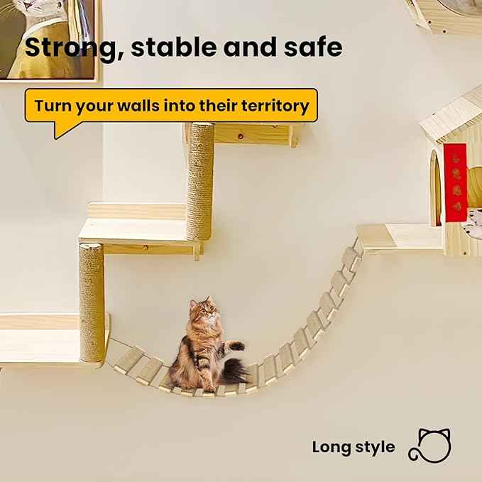 40in Cat Ladder & Bridge, Outdoor Cat Tree with Jute Rope, Multi-Level Climbing Frame & Scratcher for Indoor/Outdoor Cats (Wood Tone, 40in)