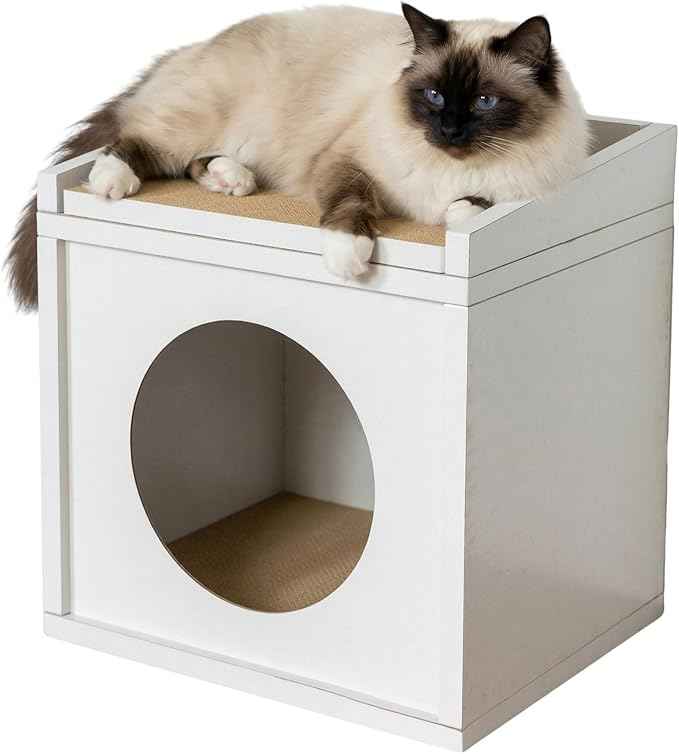 Meowdium Cat House – Cat Condo with Cardboard Scratcher, Scratching Post, Bed & Toy Storage, Cozy Cat Furniture & Accessories for Indoor Cats, White