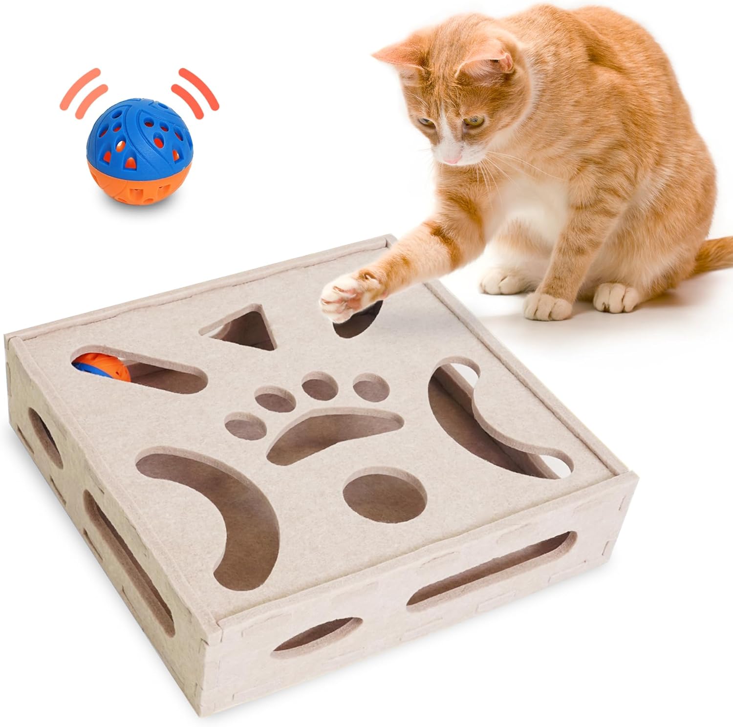 PETKARAY Felt Cat Puzzle Toy, Interactive Cat Toys for Indoor Cats, Interactive Maze for Kitten Felt Puzzle Box with Ball, Beige - Pet Explorer