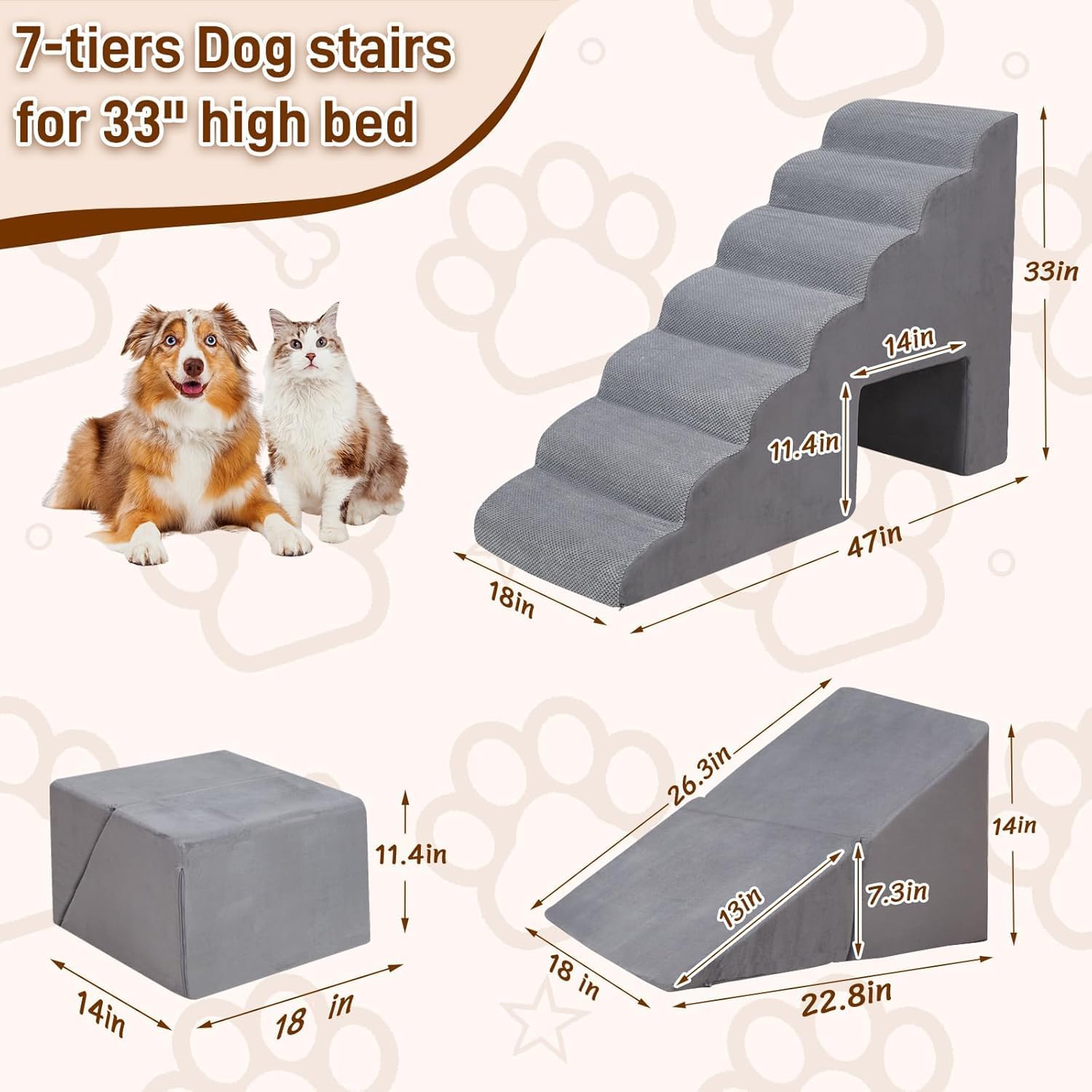 Dog Stairs & Steps for High Beds 30-36 inches High Tall, LitaiL 33inch 7 Steps Pet Stairs/Steps for High Beds Small Large Dogs, Non-Slip Dog Ramps/Ladder for Old Dogs/Cats - Pet Explorer