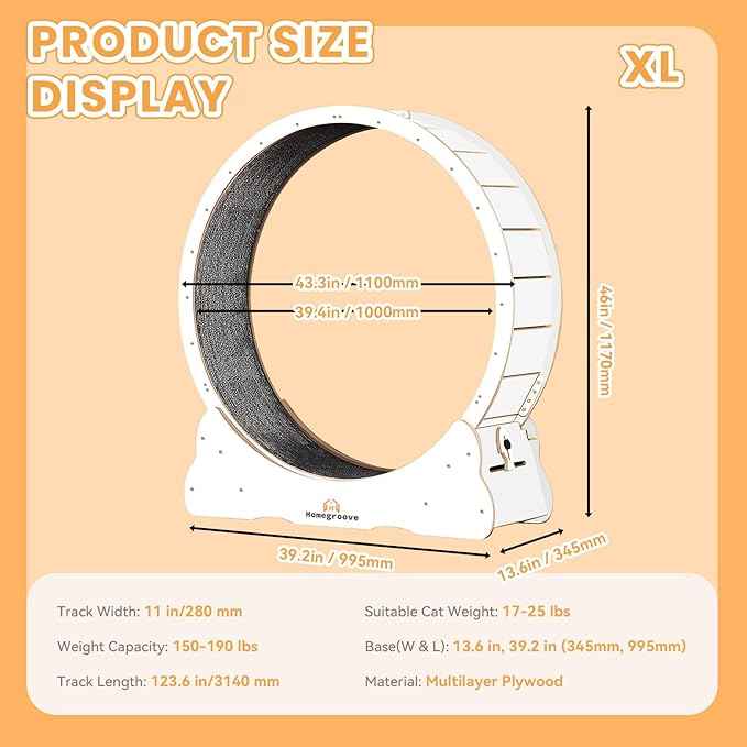 Homegroove Cat Running Wheel, 45" Large XL Cat Exercise Wheel Treadmill with Carpeted Runway, Sport Toy for Kitty’s Longer Life (XL, White)