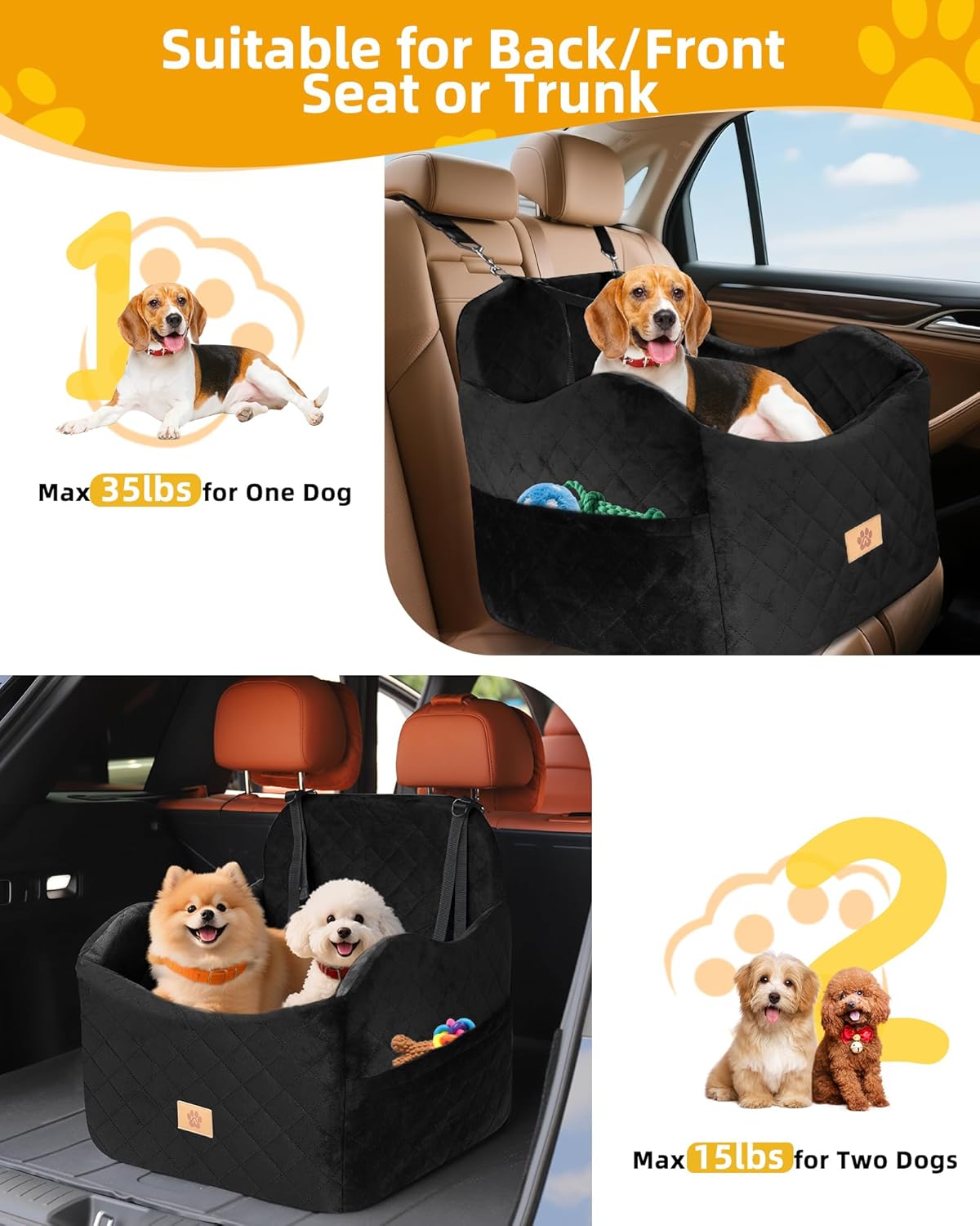 Car Seat Booster for Dog: High-Support Memory Foam Pet Car Seat for Small/Medium Dogs Under 35lbs with Elevated Cushion - Detachable Washable Puppy Travel Bed for Driving with Pockets (Black) - Pet Explorer