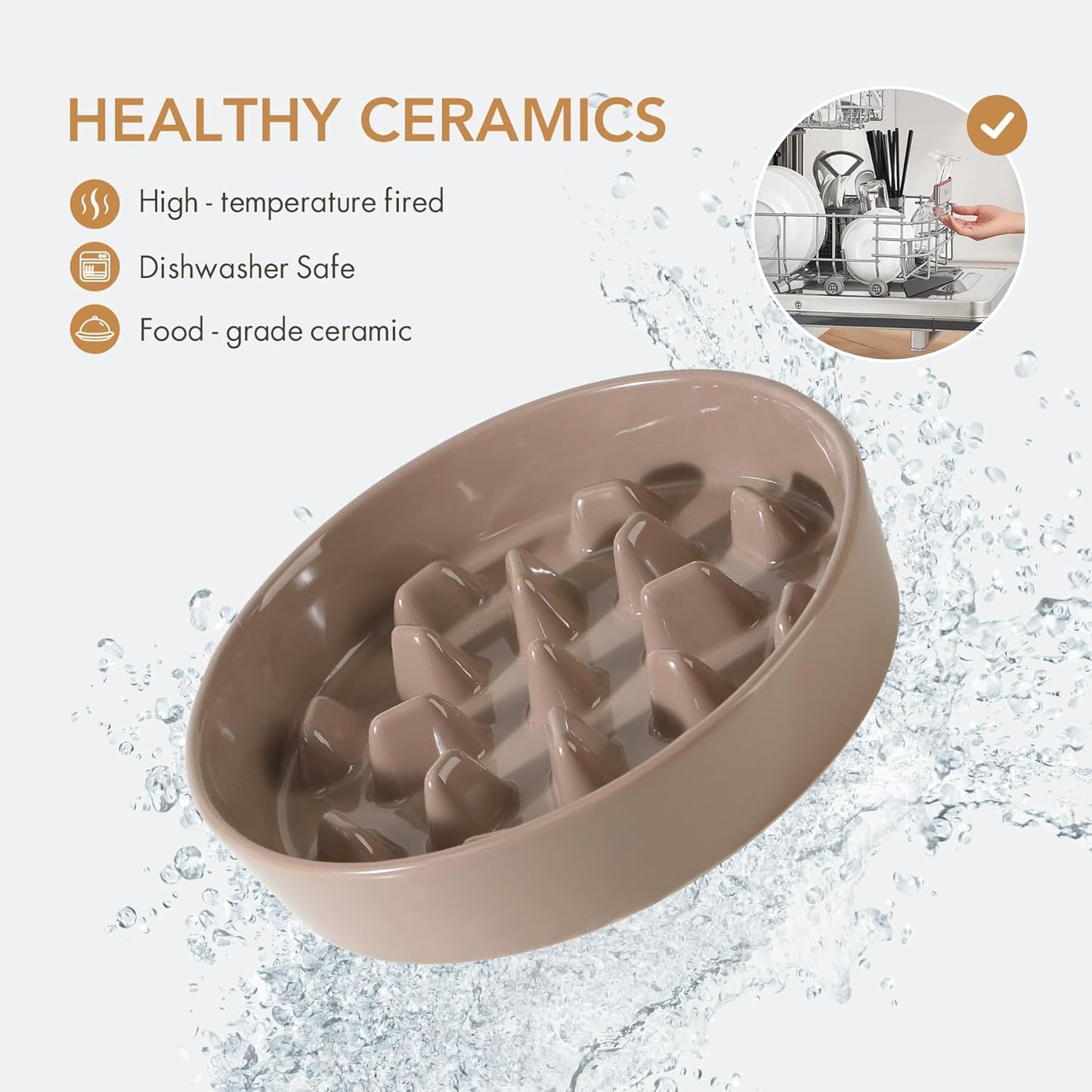 Ceramic 9.5 inch Dog Bowl Slow Feeder, Slow Pet Food Dish for Large Dog, Stop Bloat, Preventing Choking(Single Bowl, Brown Coffee) - Pet Explorer