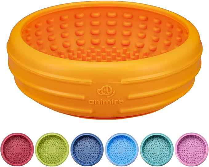 Dog Lick Bowl, Animire Freeze Lick Mat for Dogs, Non-Slip Slow Feeder Licking Bowl Enrichment Treat for Distraction Anxiety Relief, Food Grade Silicone, Dishwasher Safe(Orange,S)