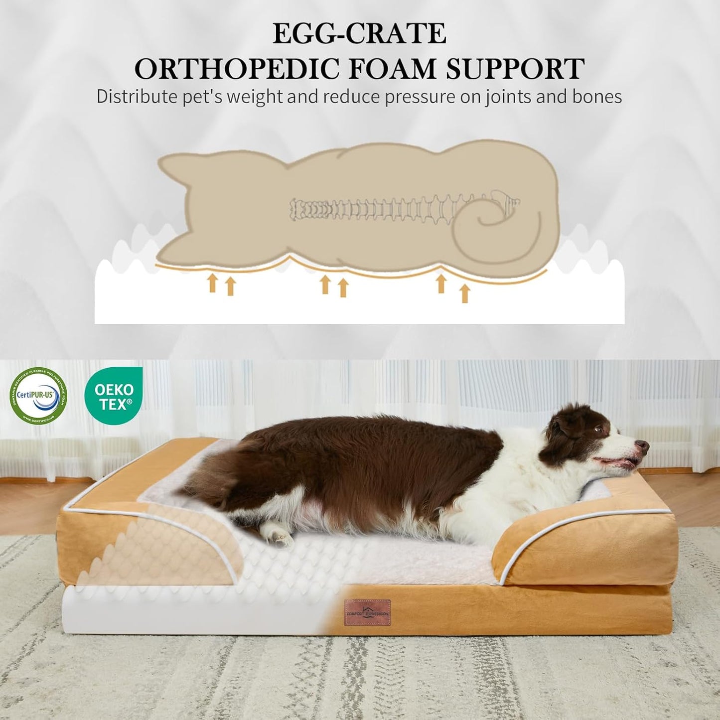 Comfort Expression Extra Large Dog Beds, XL Dog Beds Waterproof, Orthopedic Washable Dogs Beds with Bolster, Pet Sofa Couch with Removable Cover & Non-Slip Bottom(X-Large,Khaki) - Pet Explorer
