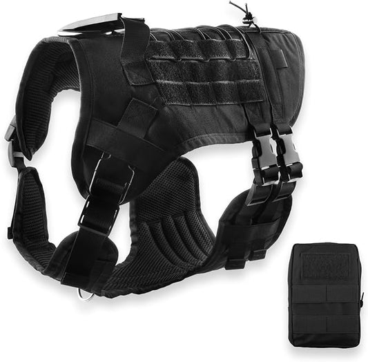 Tactical Service Dog Harness ， Adjustable Vest with MOLLE System, Accessories Bag for Training, Outdoor - Durable Military-Grade Working Dog Gear (Black, L)