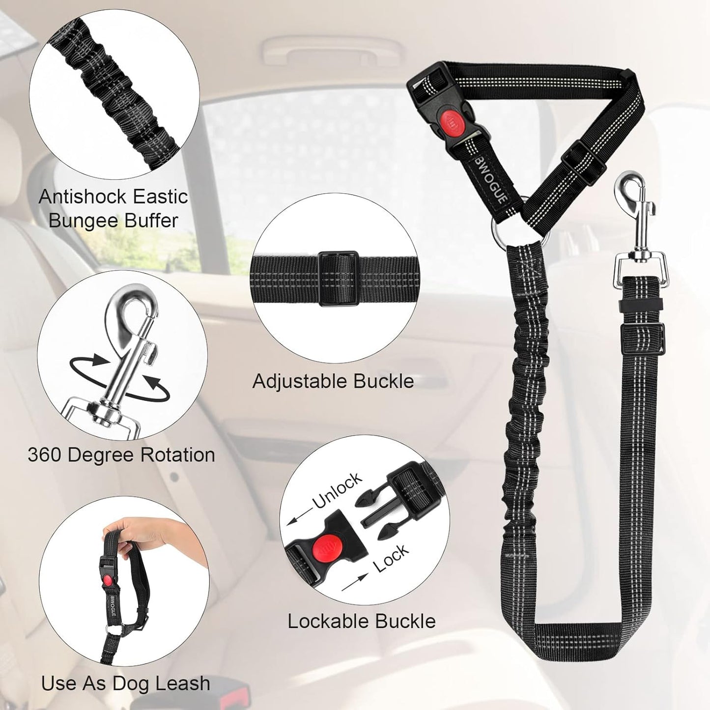 BWOGUE 2 Packs Dog Cat Safety Seat Belt Strap Car Headrest Restraint Adjustable Nylon Fabric Dog Restraints Vehicle Seatbelts Harness - Pet Explorer