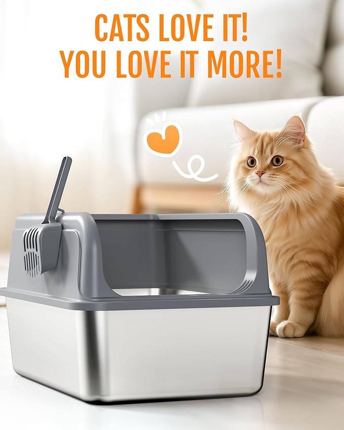 Stainless Steel Cat Litter Box, Metal Litter Box with Scoop, High- Sided, Anti-Leakage Top Entry, Non-Sticky, Easy to Clean, Grey, XL (1 Pack)
