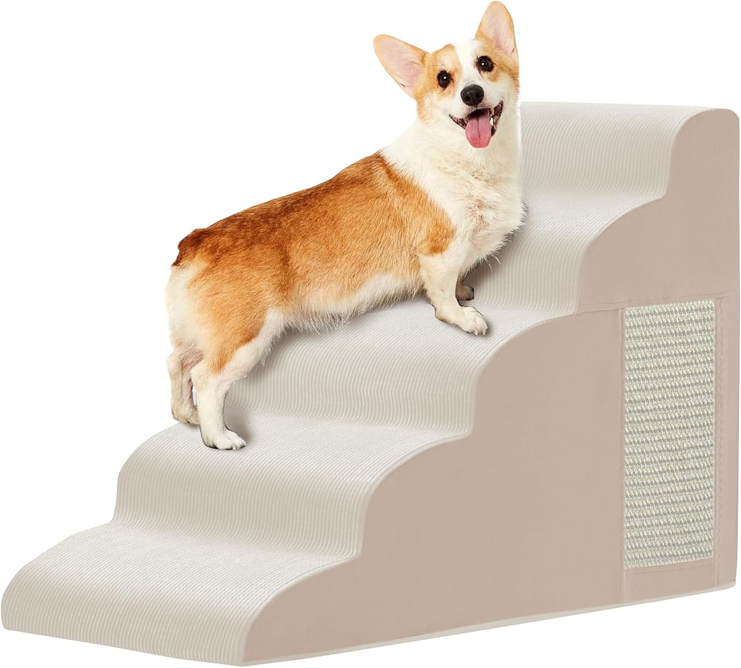 Pet Stairs, Dog Stairs for Small Dogs, Dogs Steps, 5-Step Curved Dog Ramp for Bed, Couch, Sofa, Car and Chairs, Non-Slip Bottom Design, Cat Scratching Board, High Density Foam Portable Pet Step, Beige - Pet Explorer