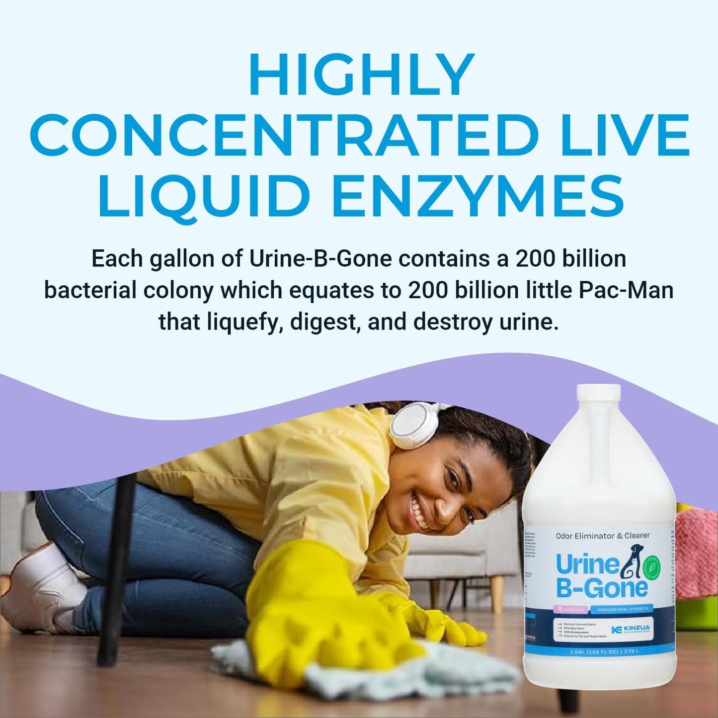 KINZUA ENVIRONMENTAL Urine B-Gone, Professional Enzyme Odor Eliminator & Pet Stain Remover, Human, Cat & Dog Urine Cleaner, Effective on Laundry, Carpets & More, Lavender Scent, 1 Gallon - Pet Explorer