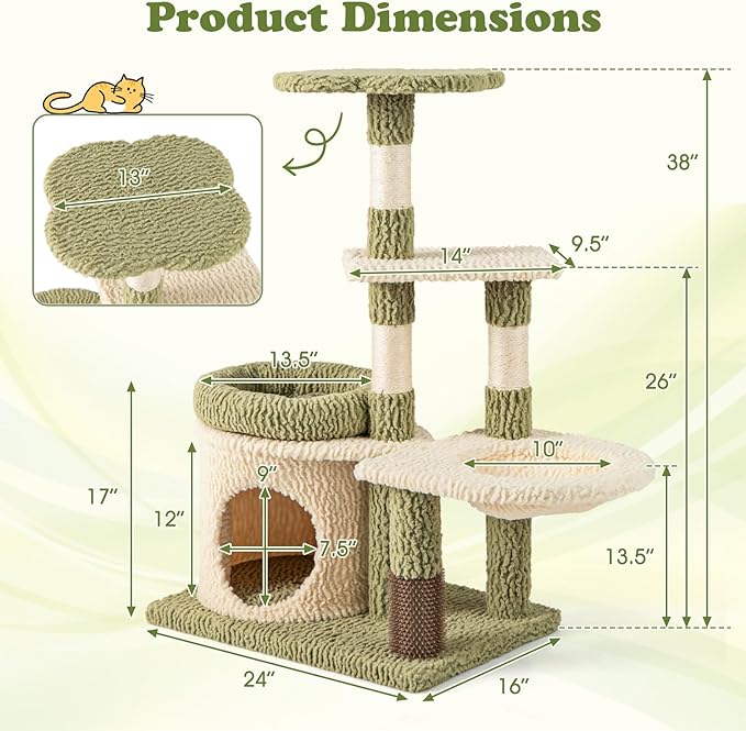 Tangkula Cute Cat Tree, Multi-Level Aesthetic Kitten Tower with Sisal Scratching Posts, Condo, Bed, Padded Plush Cushion, Self Groomer, Hammock, Perch, Green Small Cat Tree Tower for Indoor Cats