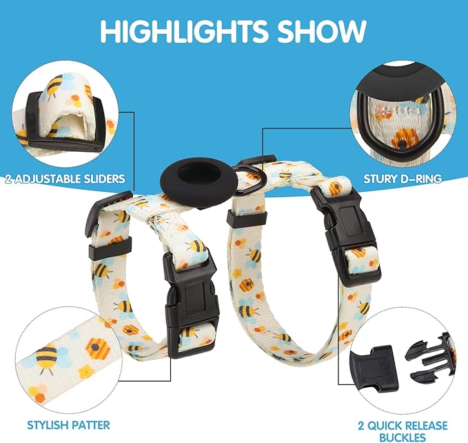 BINGPET Cat Harness with Airtag Holder, Cat Harness and Leash Set Escape Proof for Walking Travel Outdoor, Soft Adjustable Kitten Harnesses for Small Medium Large Cats, Cute Bee(Chest:12.5"-18")