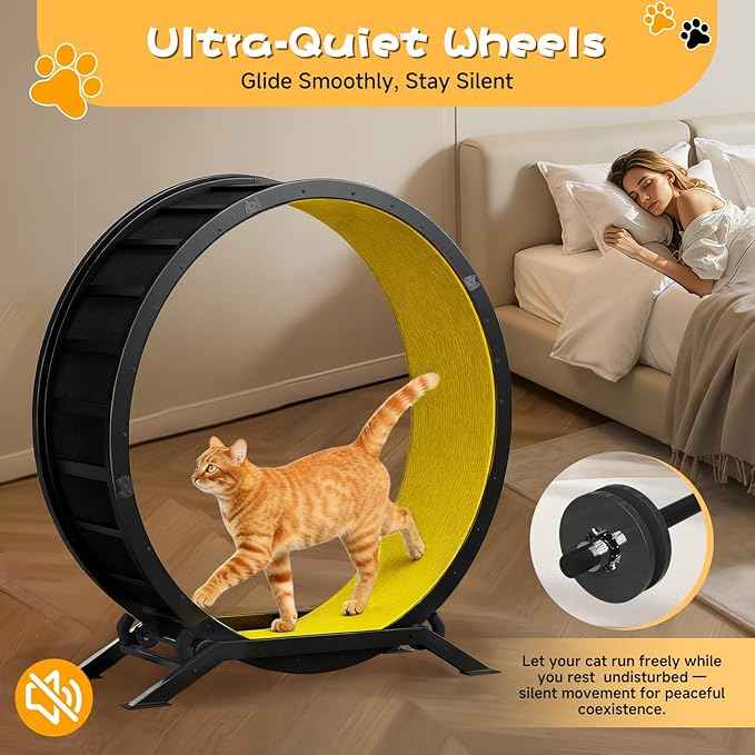 GTPLAYER Cat Wheels, Large Cat Exercise Wheel for Indoor Cats, 40"Diameter cat treadmill Detachable Carpet & Teaser, stickers, Ultra-quiet scroll wheel With latch, Suitable for Most Cats Metal, Yellow