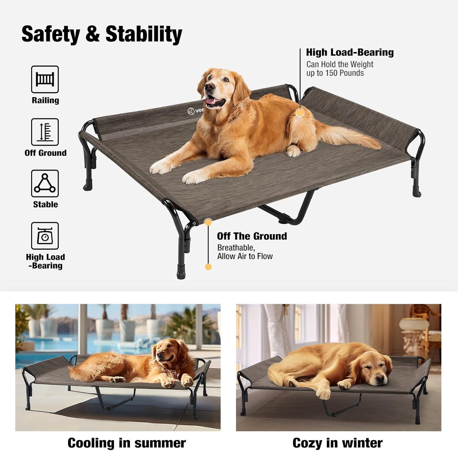 Veehoo Cooling Elevated Dog Bed, XL Raised Pet Cot with Guardrail & Slope Headrest, Durable Breathable Teslin Mesh, Non-Slip Feet, Washable Dog Couch Bed for Indoor & Outdoor, 50.5" x 33.5, Brown - Pet Explorer