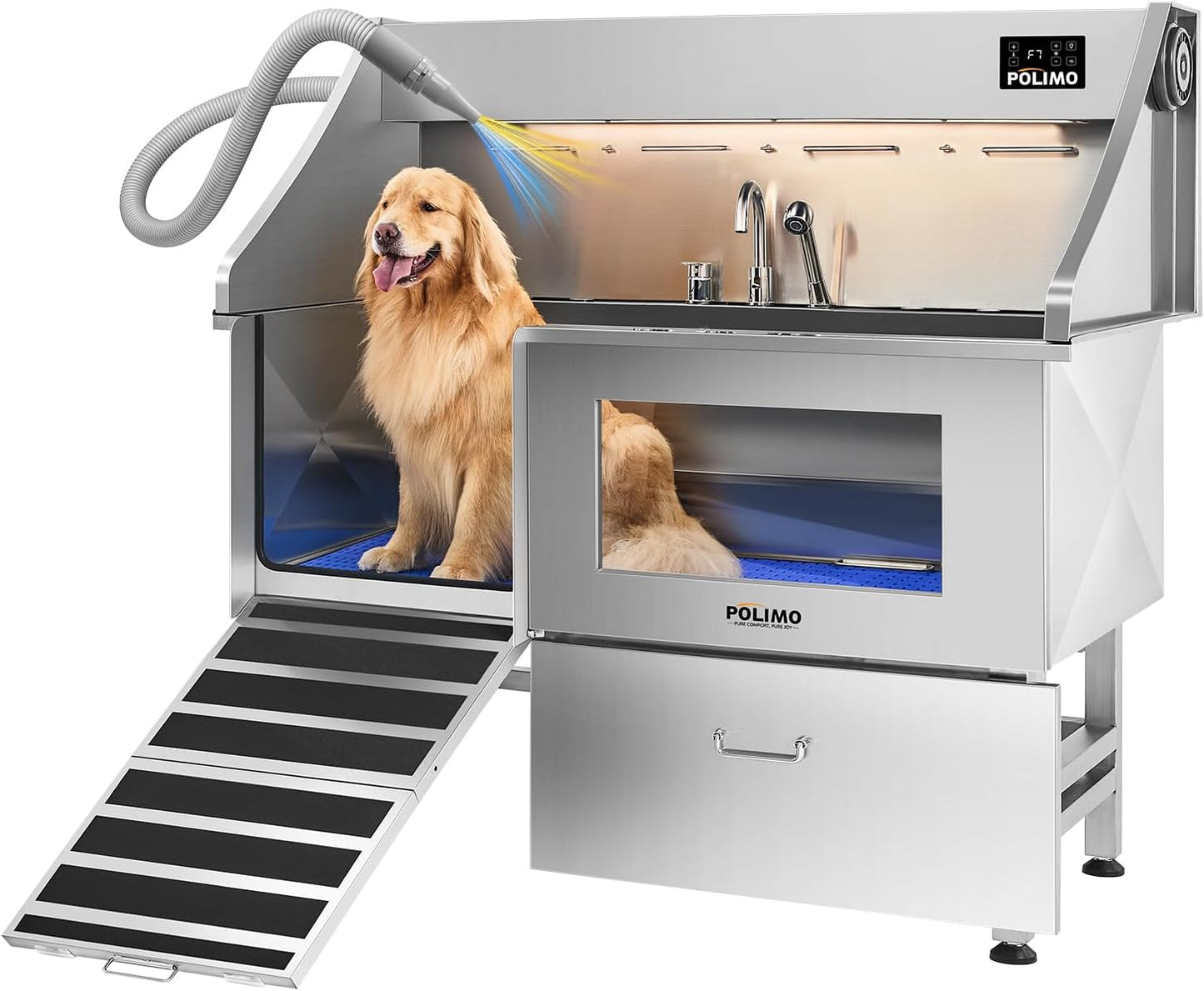 polimo Dog Wash Station with Pet Dryer & LED, Professional Dog Bathing Station for Large, Medium & Small Dogs – with Window, Ramp, Drawer, Floor Grate, LED Display & Faucet (Left RAMP & Dryer, 61") - Pet Explorer