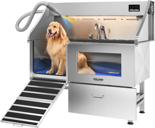 polimo Dog Wash Station with Pet Dryer & LED, Professional Dog Bathing Station for Large, Medium & Small Dogs – with Window, Ramp, Drawer, Floor Grate, LED Display & Faucet (Left RAMP & Dryer, 61") - Pet Explorer