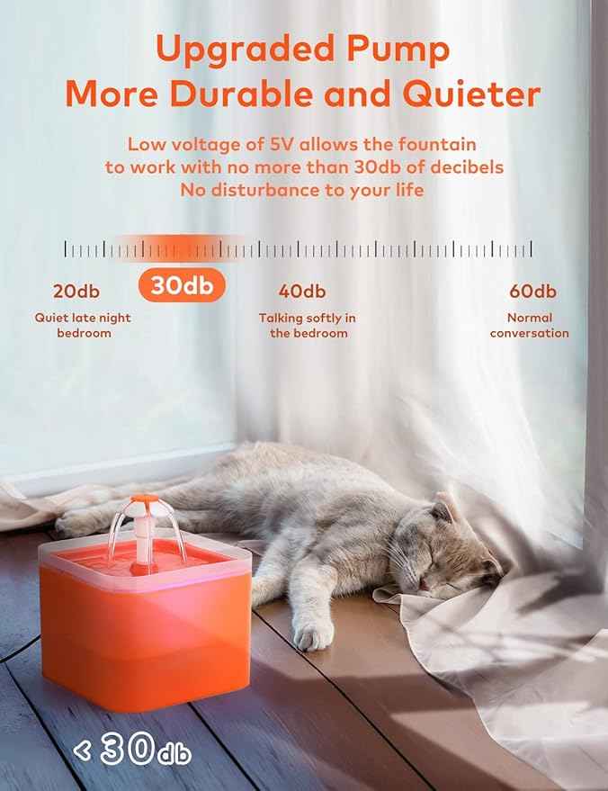 Cat Water Fountain Orange Cute: Waterfall Cat Fountain with Led Light - 67oz/2L Quiet Water for Cats Drinking Fountain - Pet Water Fountain for Cats Inside -AONBOY Filtered Water Supplies for Cats