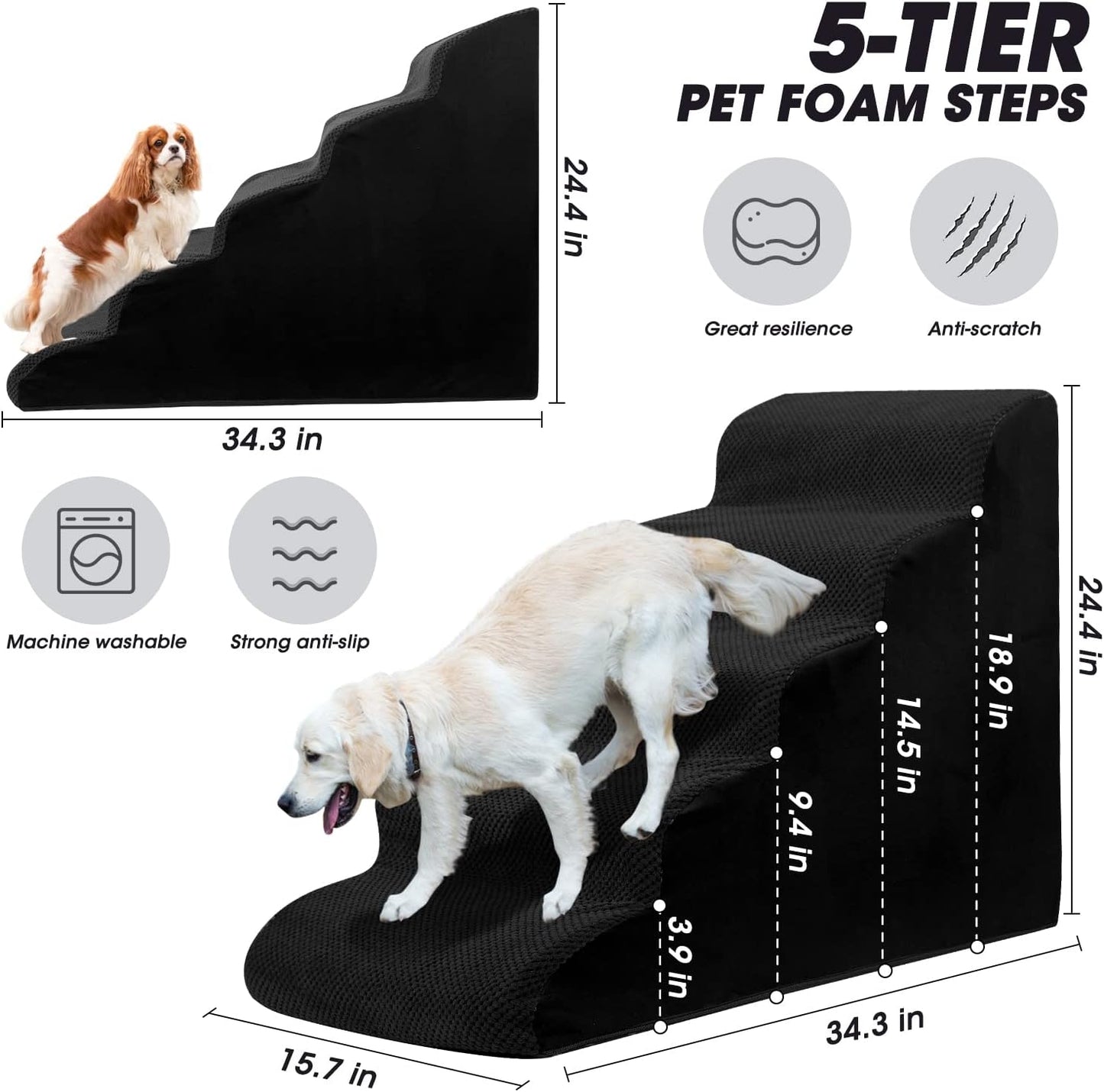 Dog Steps&Stairs for High Beds 24.4 inches High Up to 24-28 inches Bed, Tall Extra Wide Pet Stairs/Steps for High Bedsides,Non-Slip Dog Ramps for Small Older Dogs/Cats(Black) - Pet Explorer