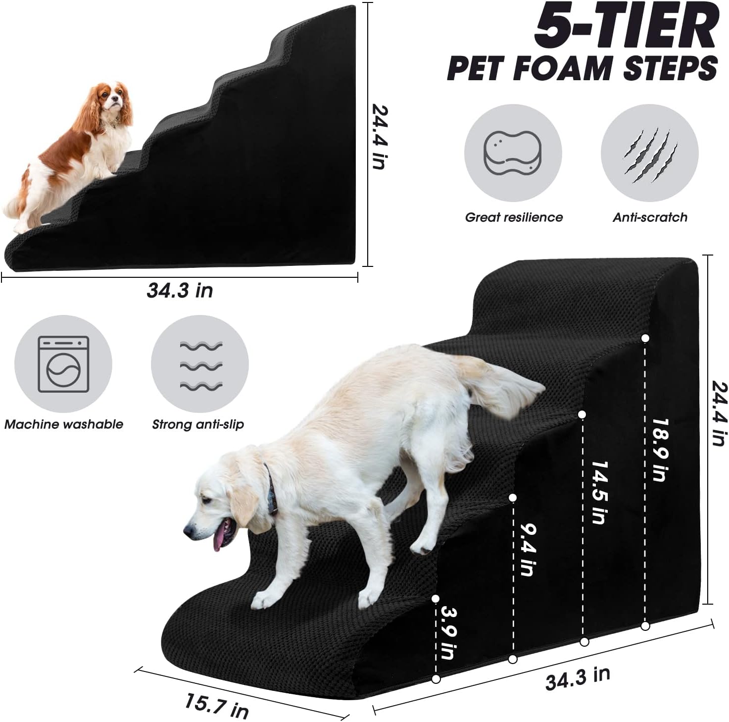 Dog Steps&Stairs for High Beds 24.4 inches High Up to 24-28 inches Bed, Tall Extra Wide Pet Stairs/Steps for High Bedsides,Non-Slip Dog Ramps for Small Older Dogs/Cats(Black) - Pet Explorer