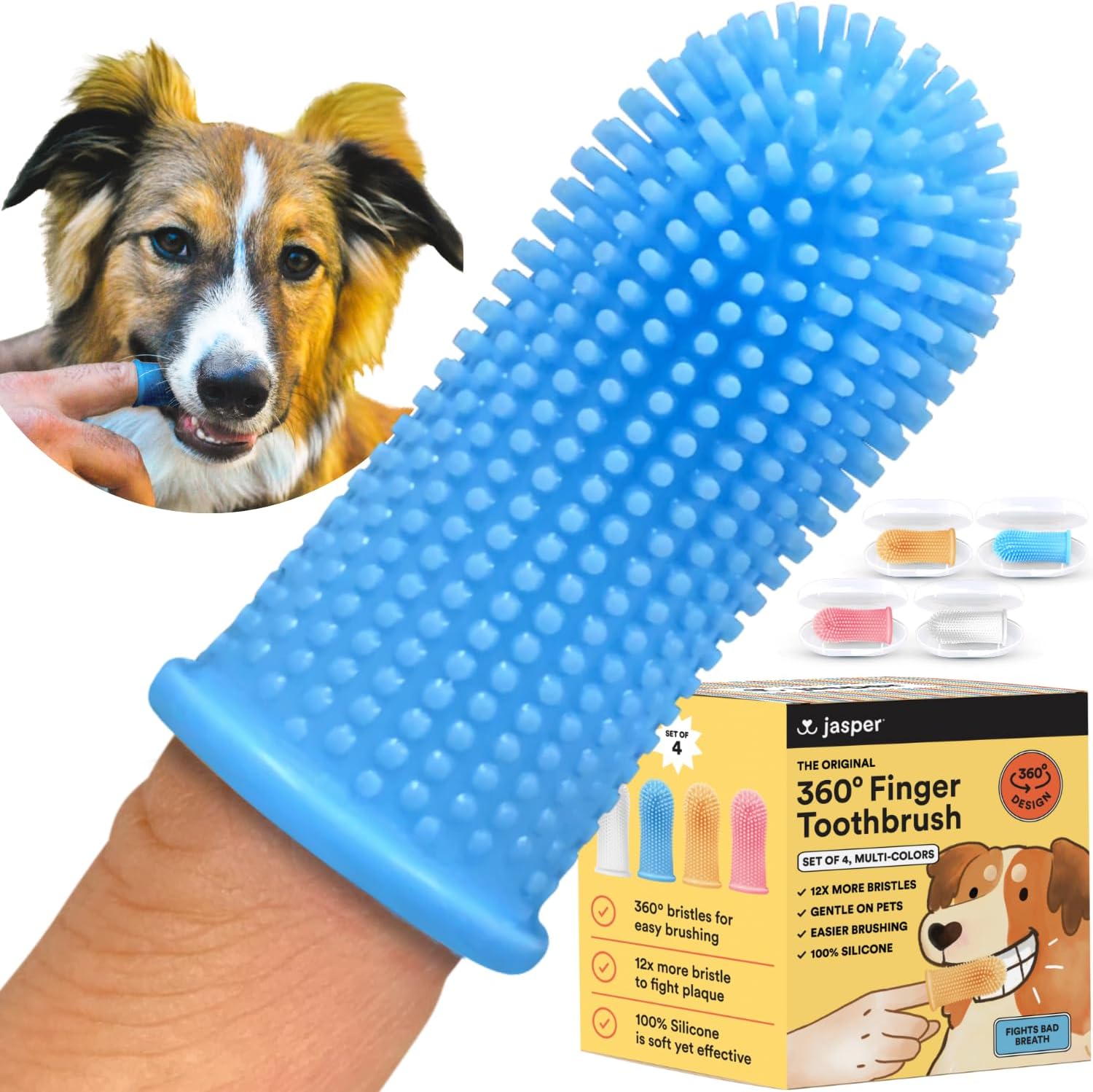 Jasper Dog Toothbrush, 360 Degree Pet Tooth Brushing Kit, Cat Toothbrush, Canine Dental Care & Teeth Cleaning Kit, Pet Finger Tooth Brush, Use with Dog Toothpaste, 4-Pack Multicolor - Pet Explorer
