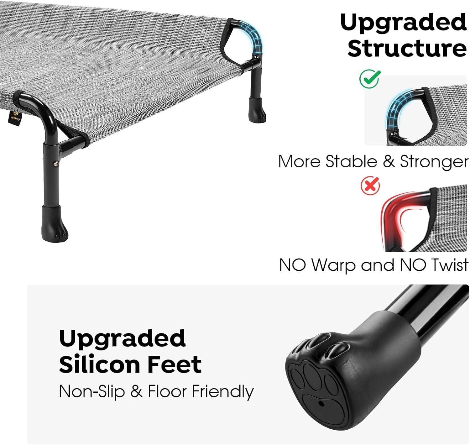 Veehoo Cooling Elevated Dog Bed - Raised Dog Bed with Guardrail, Non-Slip Portable Camping Cot, 41 x 27 Inches, Black Silver - Pet Explorer