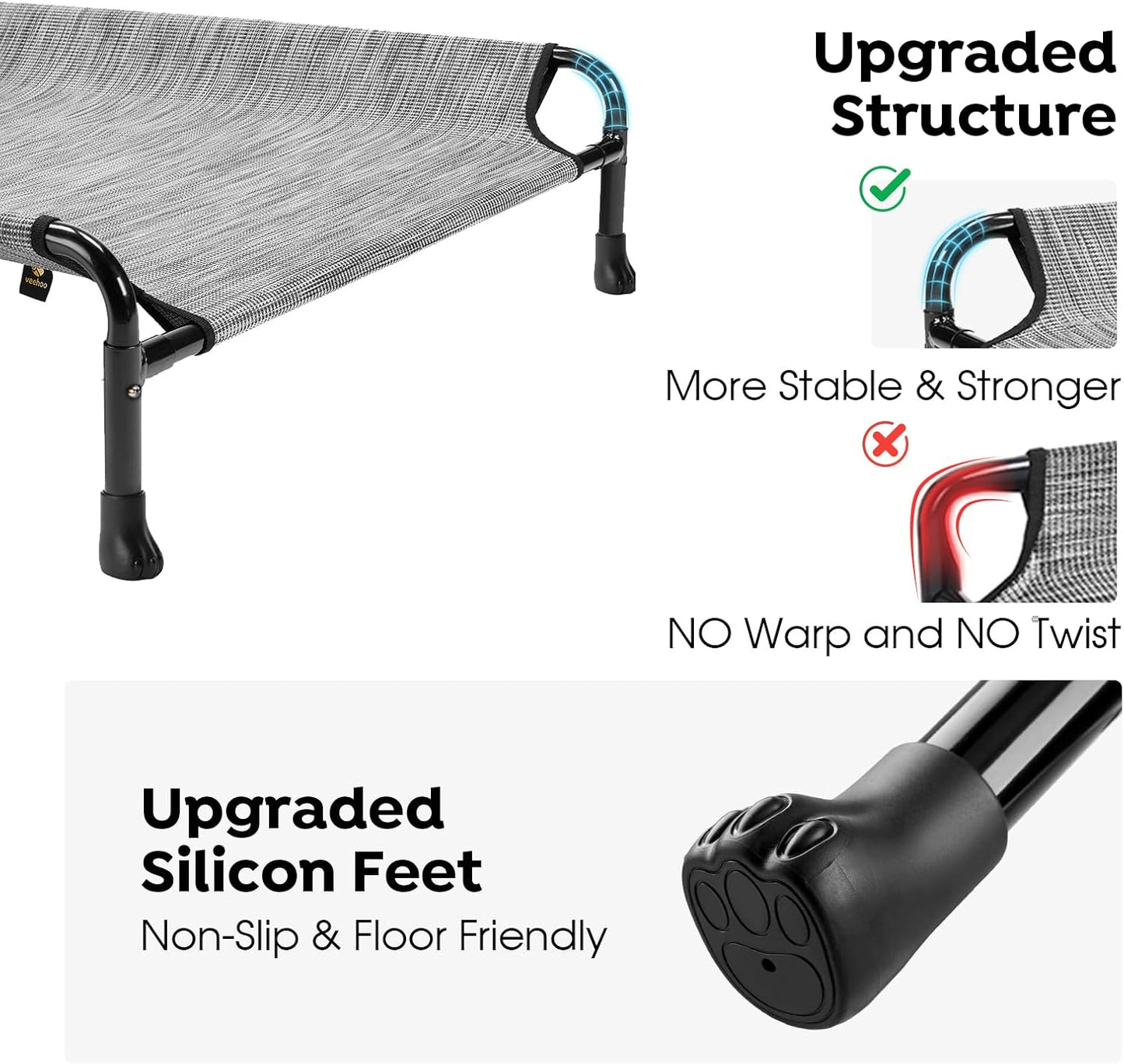 Veehoo Elevated Dog Bed, Cooling Raised Dog Bed with Guardrail & Headrest, Upgraded Non-Slip Silicon Feet, Breathable Teslin Mesh, Portable Pet Cot for Indoor and Outdoor, 35 x 22 Inches, Black Silver - Pet Explorer