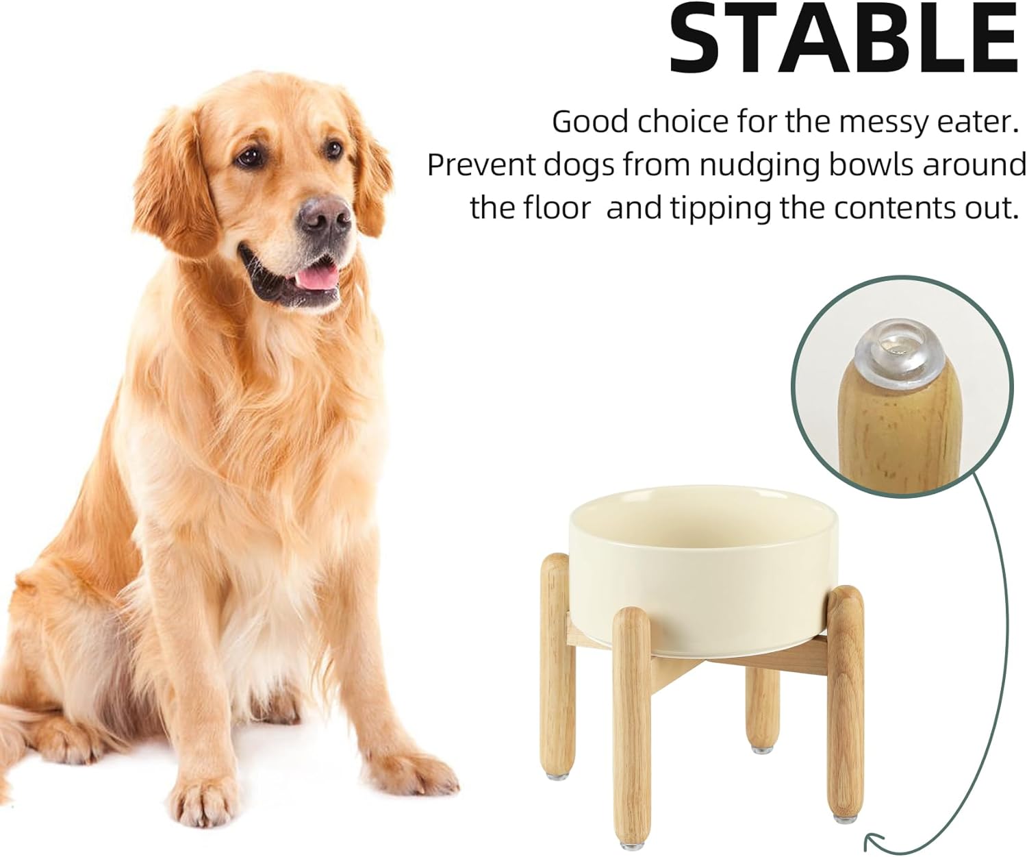Ceramic 7.3inch Raised Dog Bowl Set, Elevated with Wooden Stand, Food and Water Bowl for Medium Breed Dogs, Weighted Dog Dishes, Pet Feeder(Beige) - Pet Explorer
